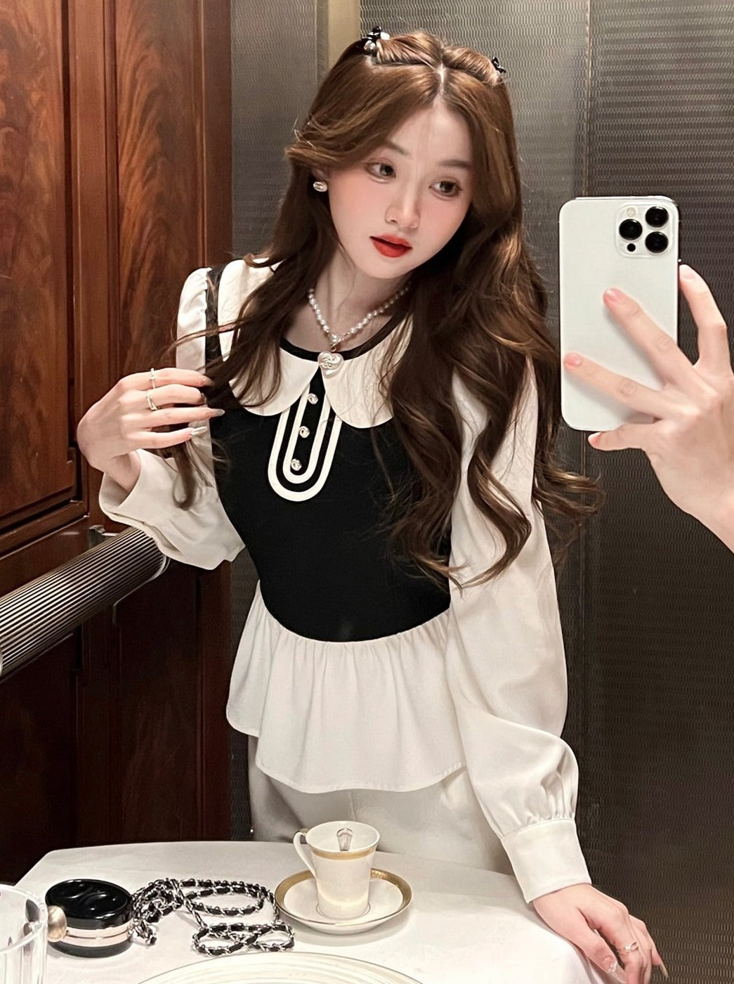 フレンチドールカラーコントラストカラーペブラムトップス