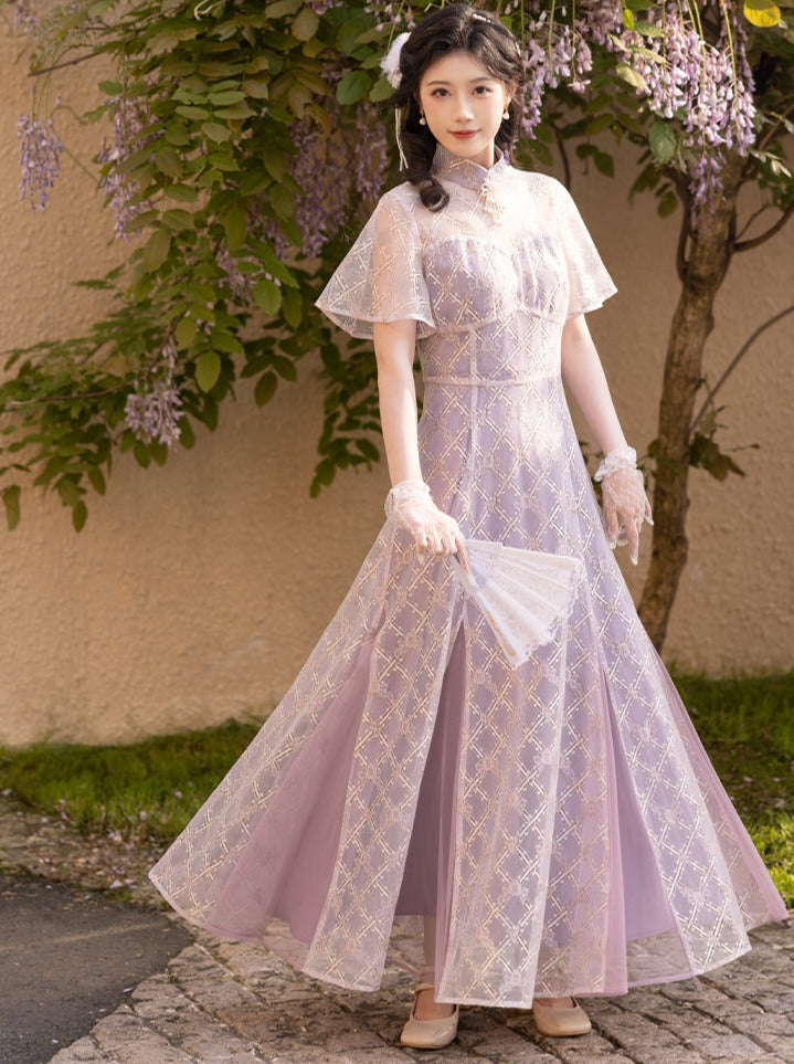 retro fairy dresses Light Purple Sequin Slip Dress The vintage design exudes timeless elegance Pink V Neck Embroidered Vintage