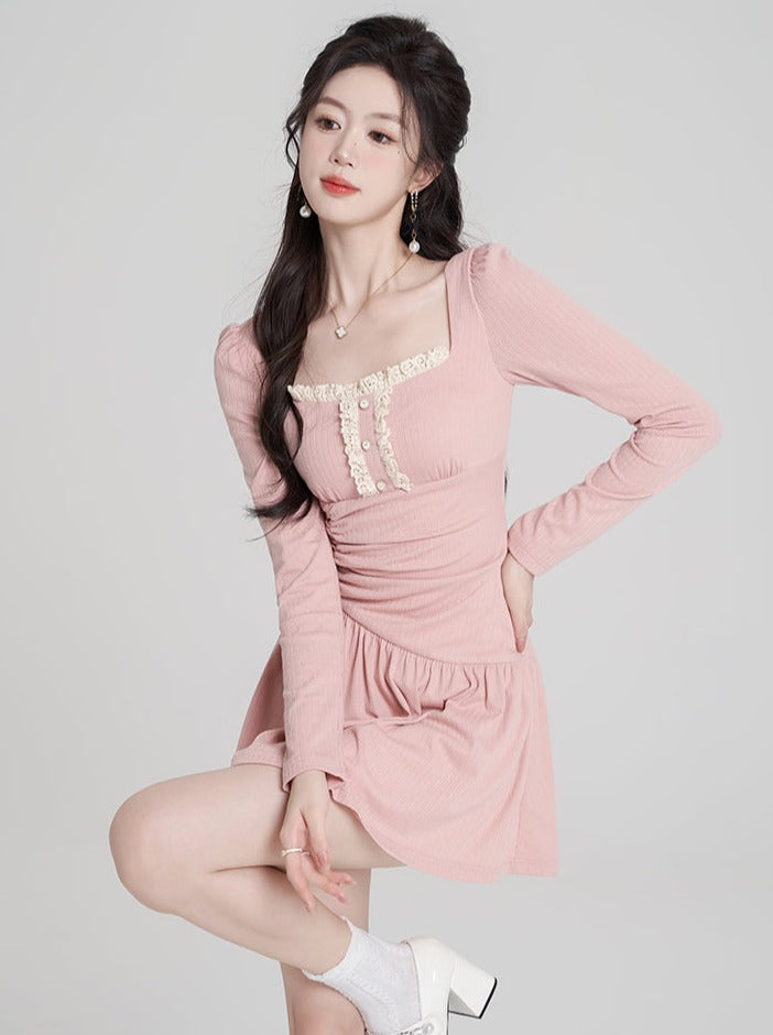 レースプリーツスイートベビーピンクワンピース