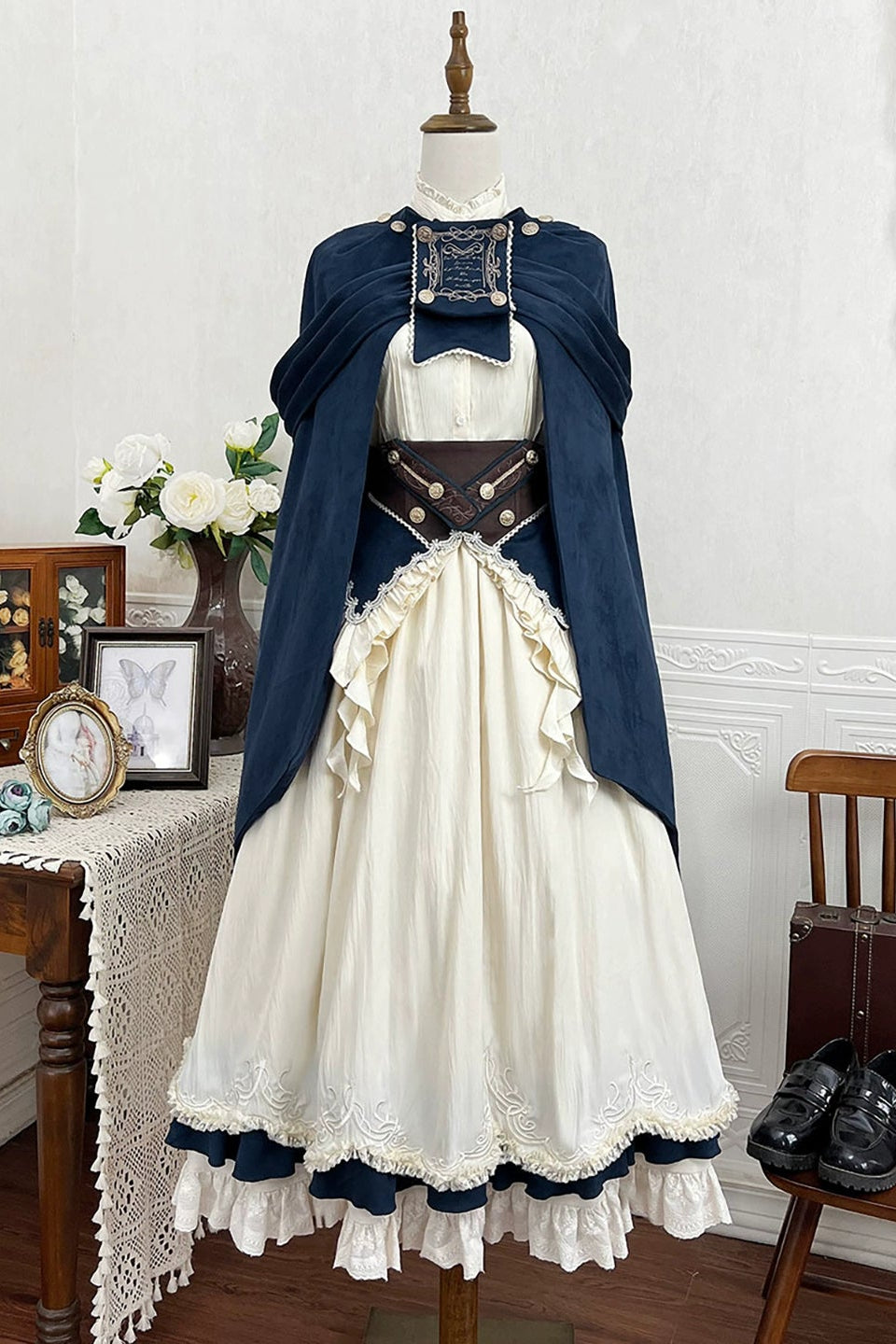 エレガントガールヴィンテージミッドセンチュリーシャツ+スカート+ベルト+ケープ