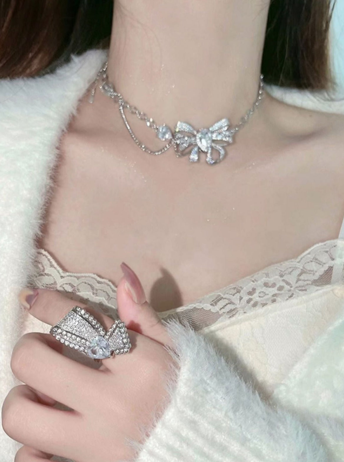 Silver necklace + ribbon ring