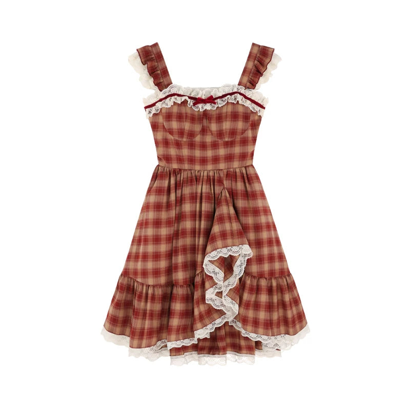 Sweet Red Plaid Lace Dress