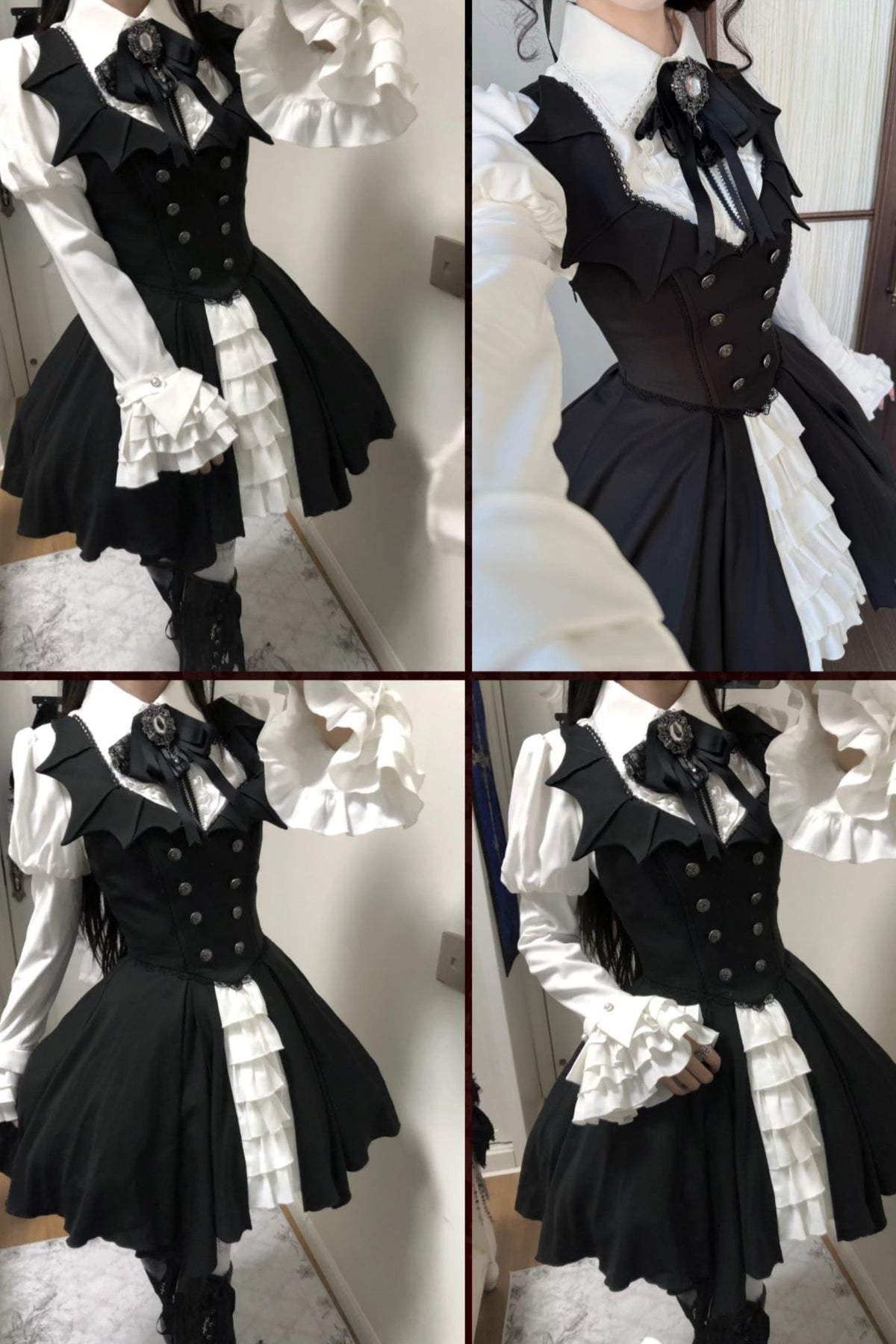 【10月29日予約締切】Gothic Vampire Butler White Lace Flare Sleeve Shirt + Bat Collar Ruffle High-Low Lolita JSK Dress Set + Jewel Bow Tie