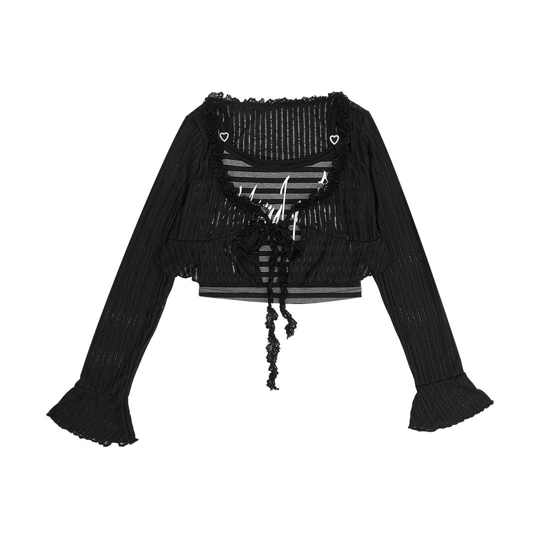 地雷Y2Kダークトップス+レースアップスカート