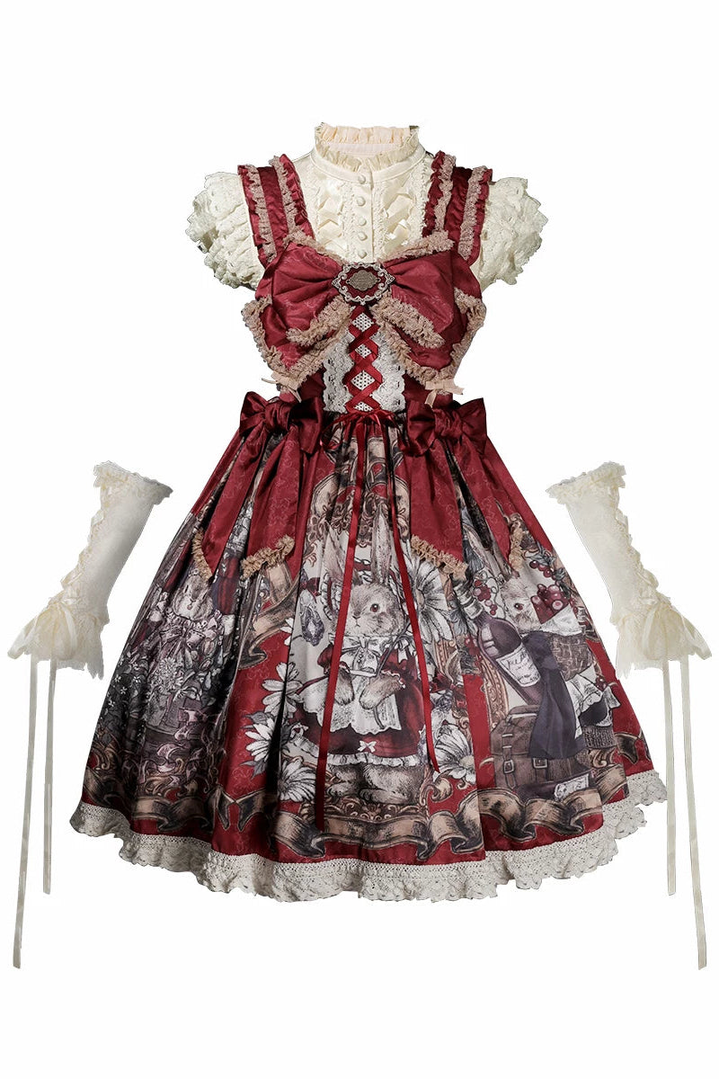 Set completo abito JKS con stampa coniglietto storia vintage rosso antico con fiocco + camicia con volant + copribraccia stringati