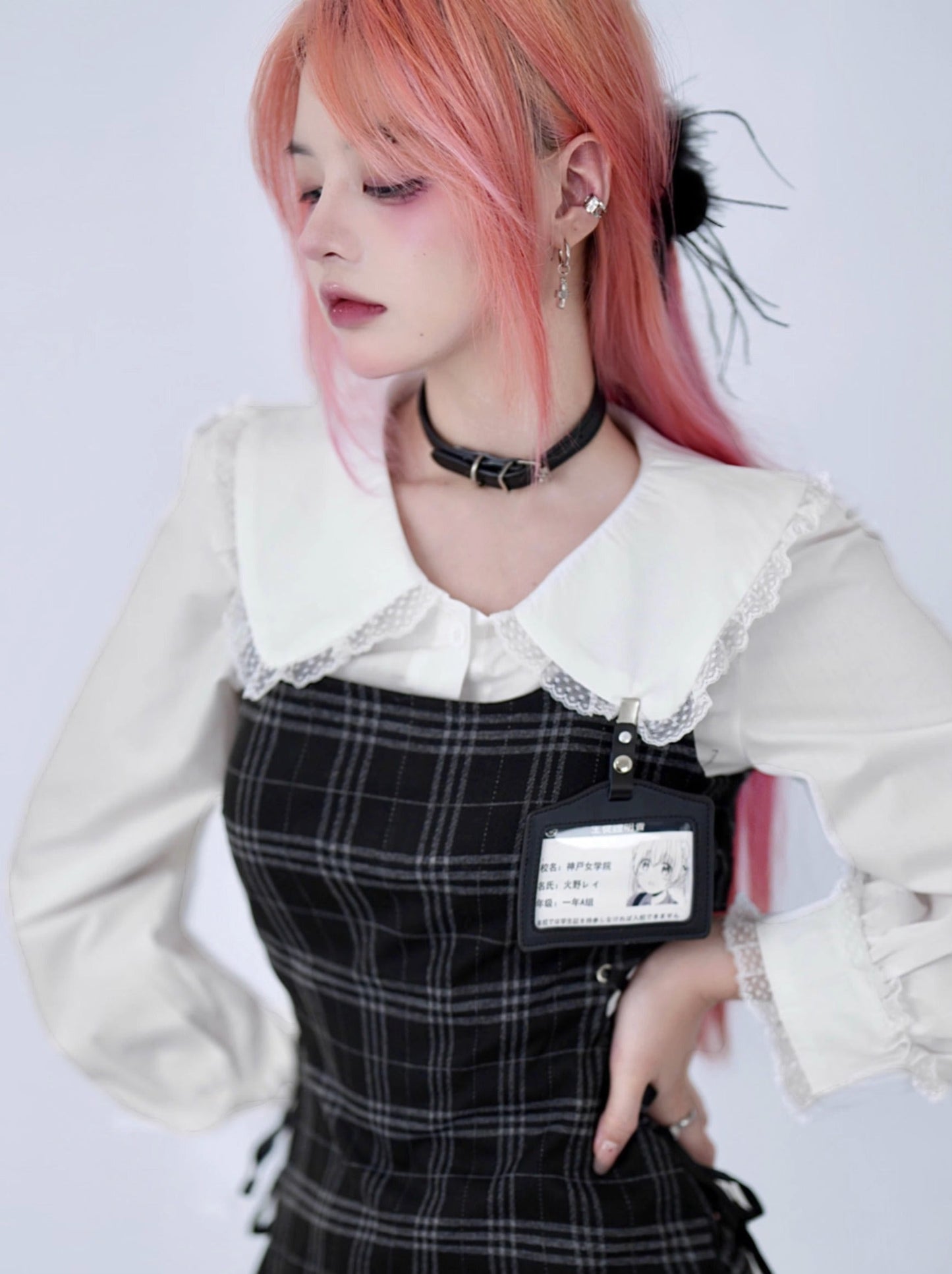 College style lace blouse + check race up suspension dress
