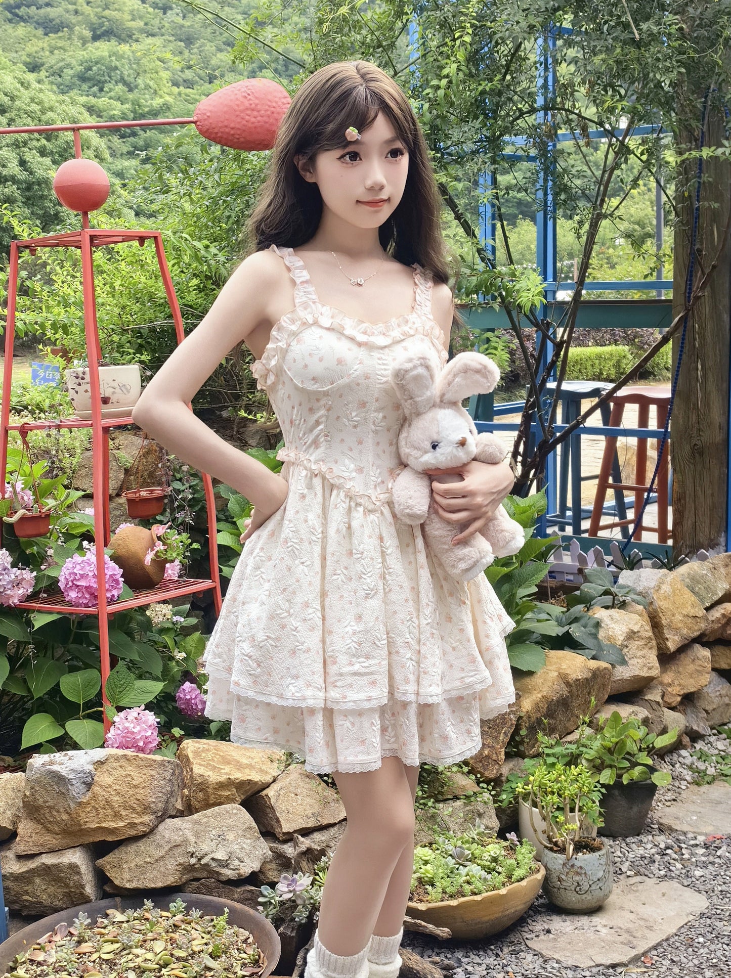 スイートガーリーフラワーノースリーブワンピース