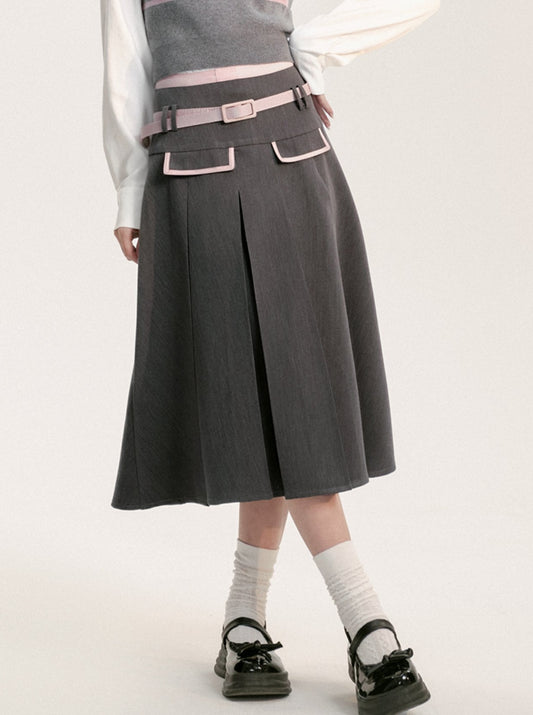 カラーブロックミディアムスカート＋ピンクベルト
