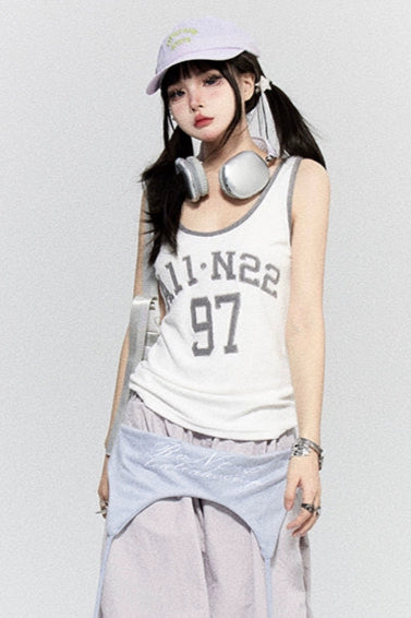 シアーボーダーラビットフードパーカー+ナンバーロゴタンクトップ