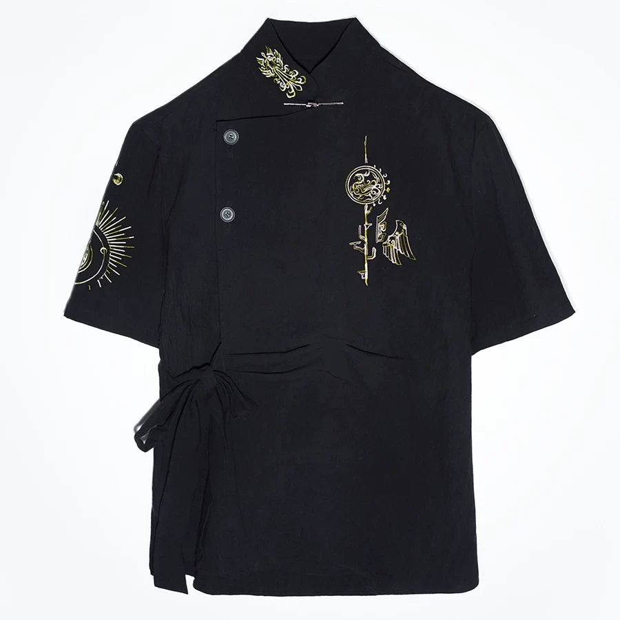 Black and Gold Oriental Ribbon Shirt + Chinese Wide-Leg Pants