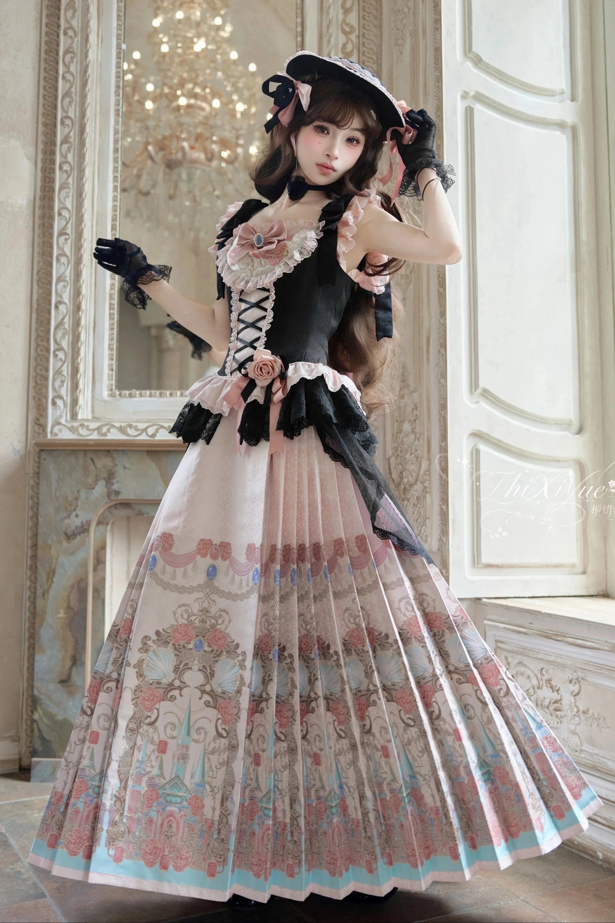 【10月10日予約締切】Black Pink Romantic Rose Castle Classic Lolita Series Accessories(Rose Ribbon Lace Hat + Ribbon Hair Clip)