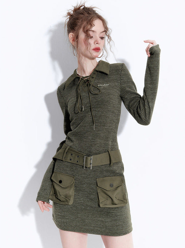 American Retro Strapless Collar Belt Knit Dress