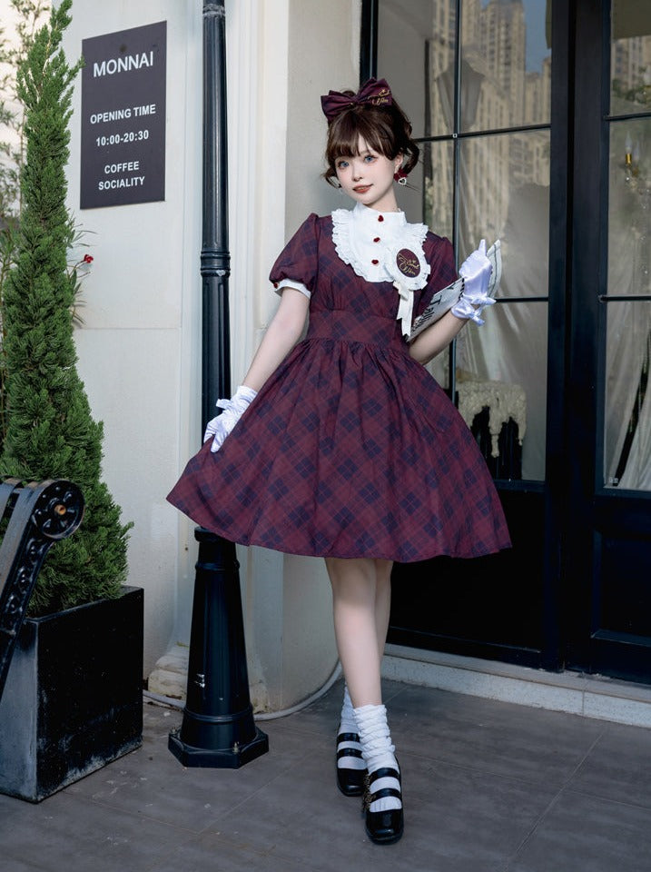 粉色木棉花少女原创洛丽塔昭和昭和歌连衣裙 洛丽塔日常夏日格子连衣裙