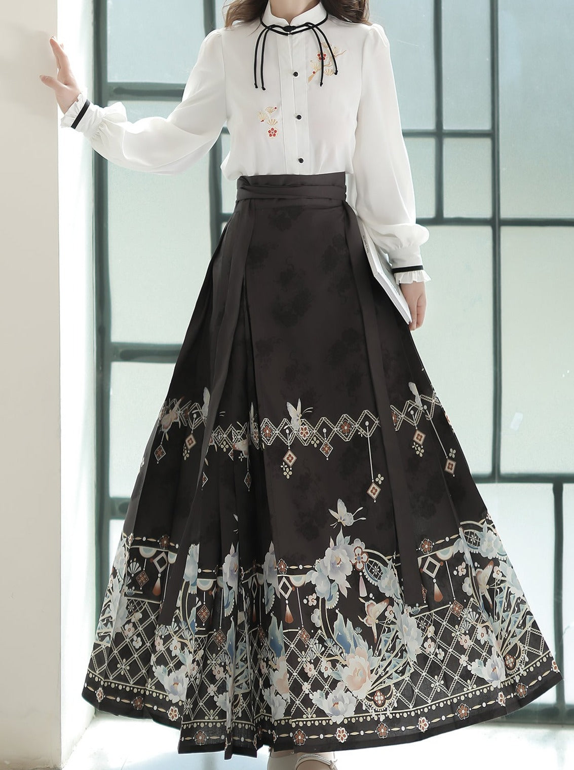 China Blouse + Elegant Dark Long Skirt