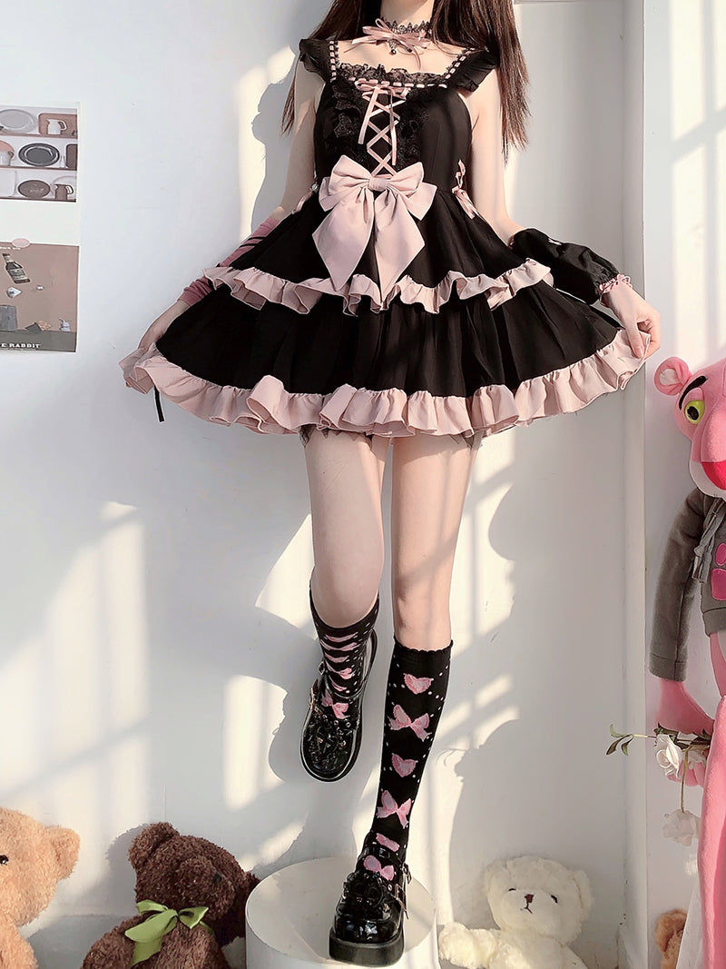 Lolita Schwarz-Rosa Rüschen-Schulter-Schnürkleid