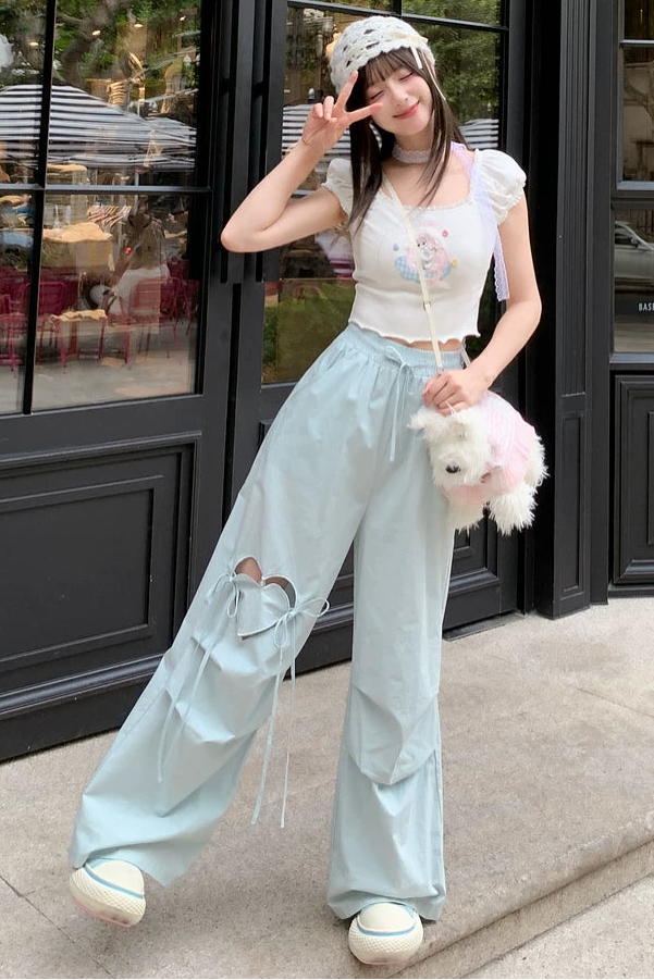 ハートワンポイントリボンハイウエストワイドレッグパンツ