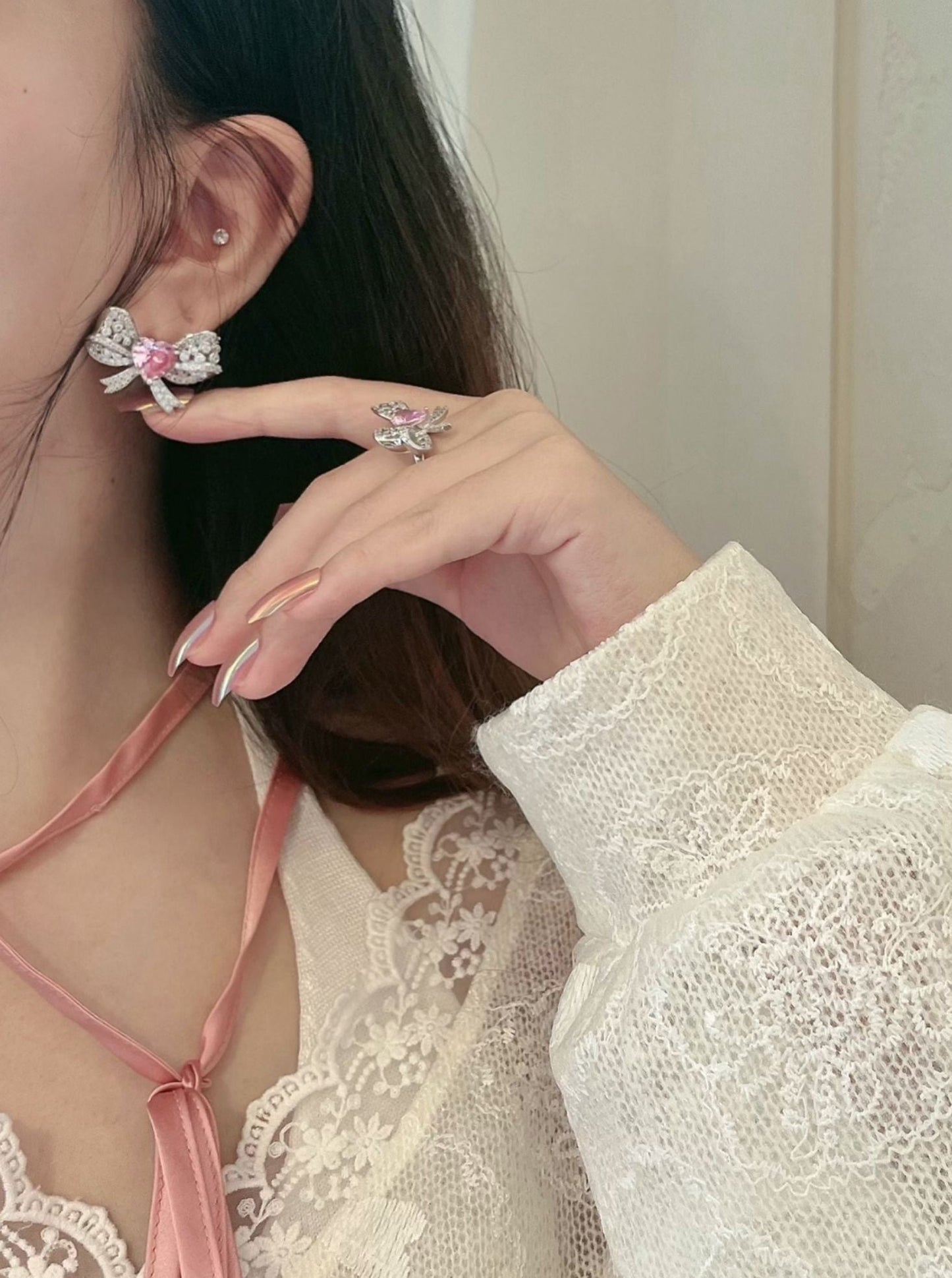 レースガールシルバーリボンピアス+リング