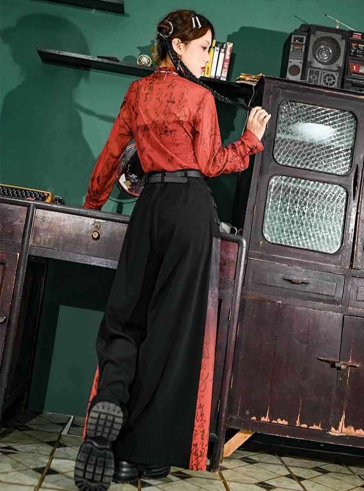 ハートスートラチャイナテイストレザーバックルワイドドレープパンツ