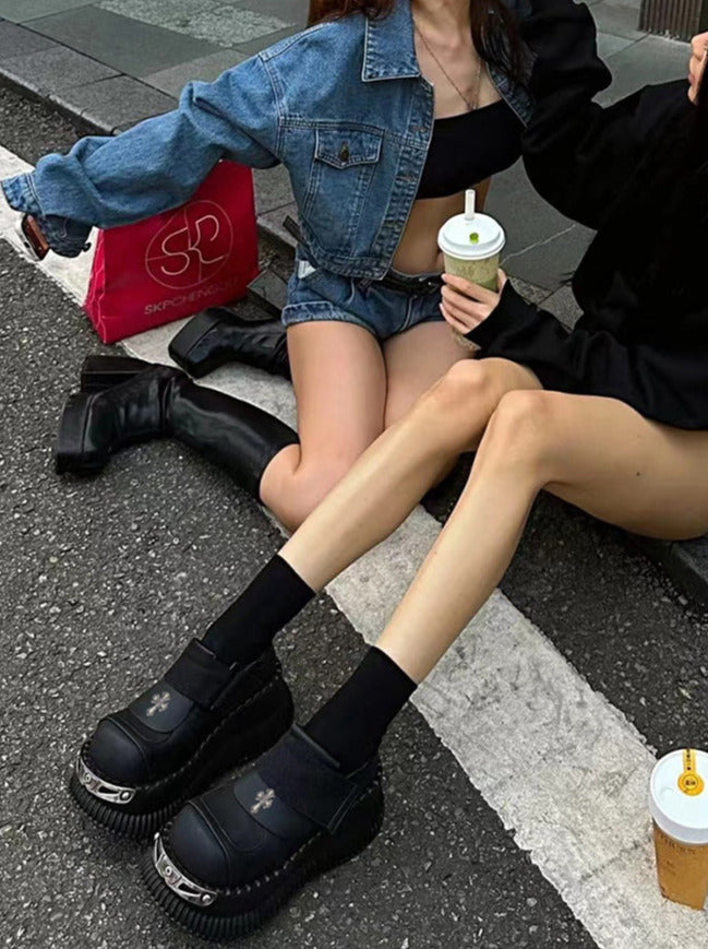 Metal Punk Cross Velcro Leather Platform Shoes
