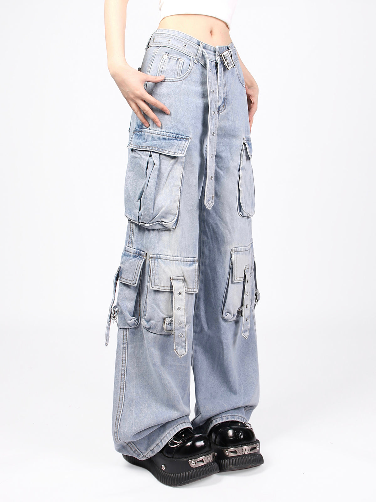 Multi-pocket casual cargo denim