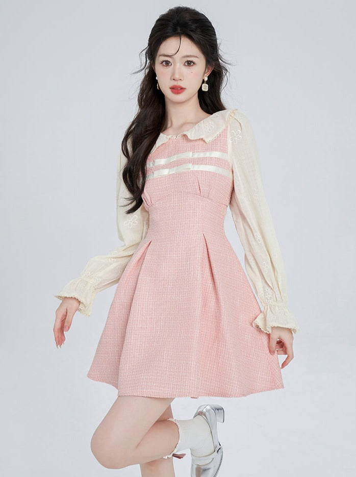 French faux two-piece pink dress