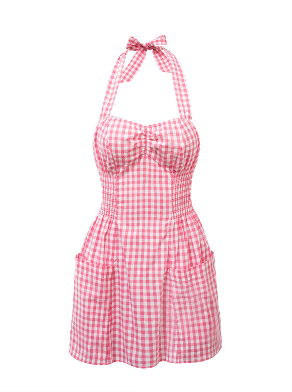Peach Pink Grid Sweet Sous Vide Chest Top Skirt Pants Dress Set Up