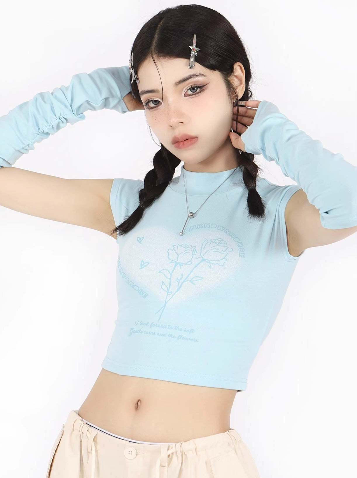 アメリカンレトロスリーブ付きローズショートフレンチTシャツ