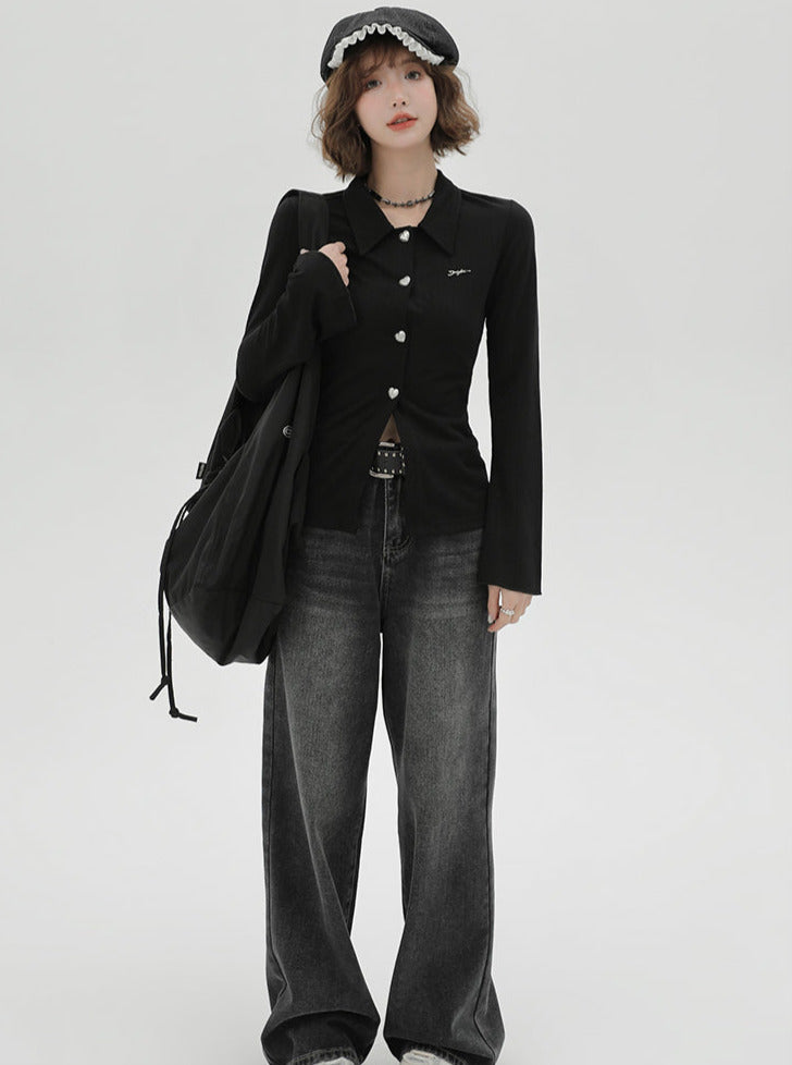 Retro Polo Collar Bell Sleeve Slim Knit Black Cardigan