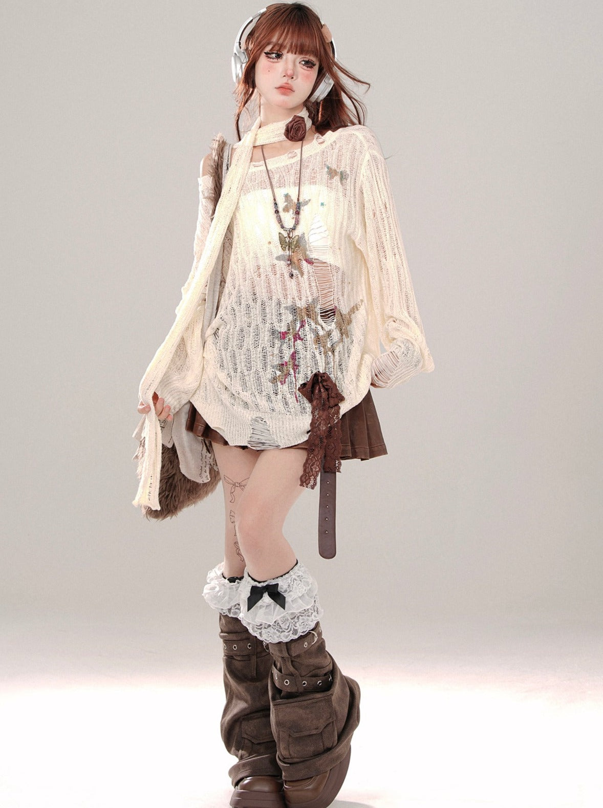 Loose Mesh Coffee Collar Top