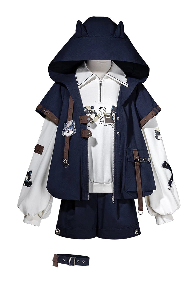 【9月25日予約締切】Prince Style Street Casual Cat Ear Hooded Short-Sleeve Jacket + Dog Print Top + Shorts with Leg Rings+Full Set
