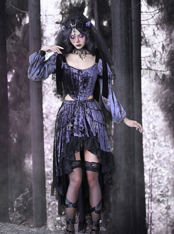 Luna Velvet Gothic Beaded Chain Trailing Lace Skirt