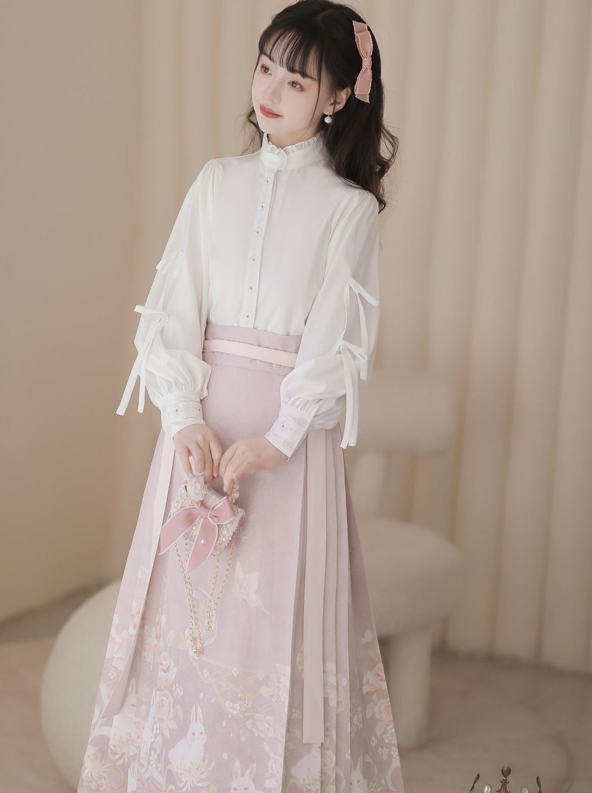 Ruffle Neck Blouse + Sweet Rabbit China Skirt