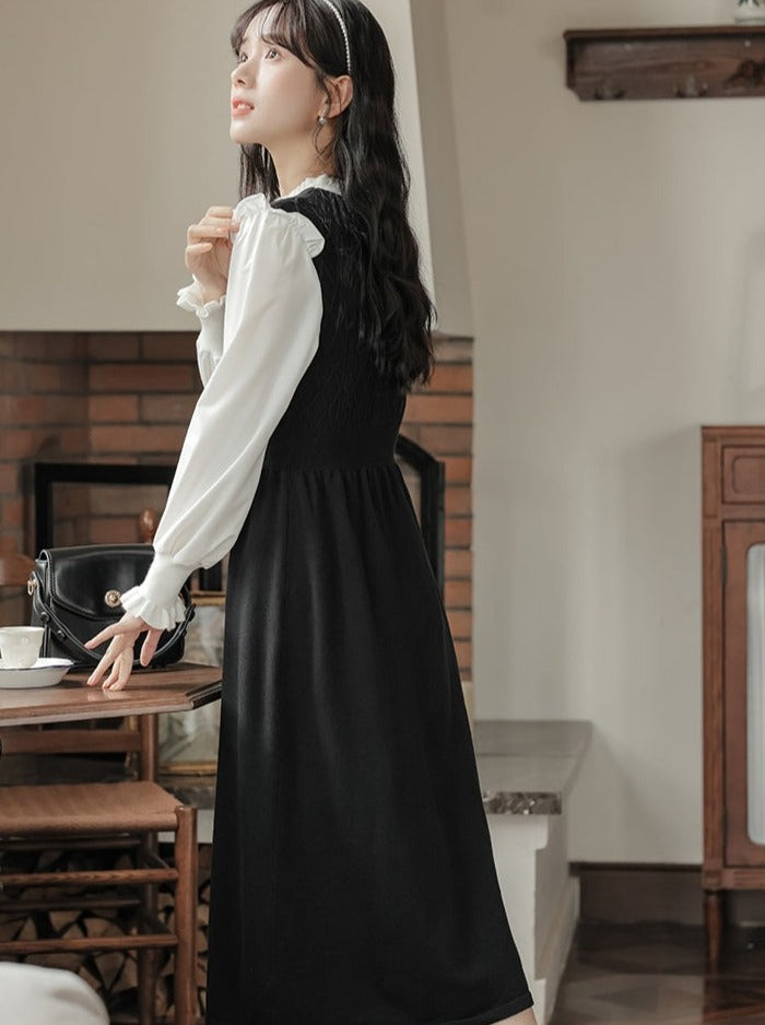 复古荷叶领法式连衣裙