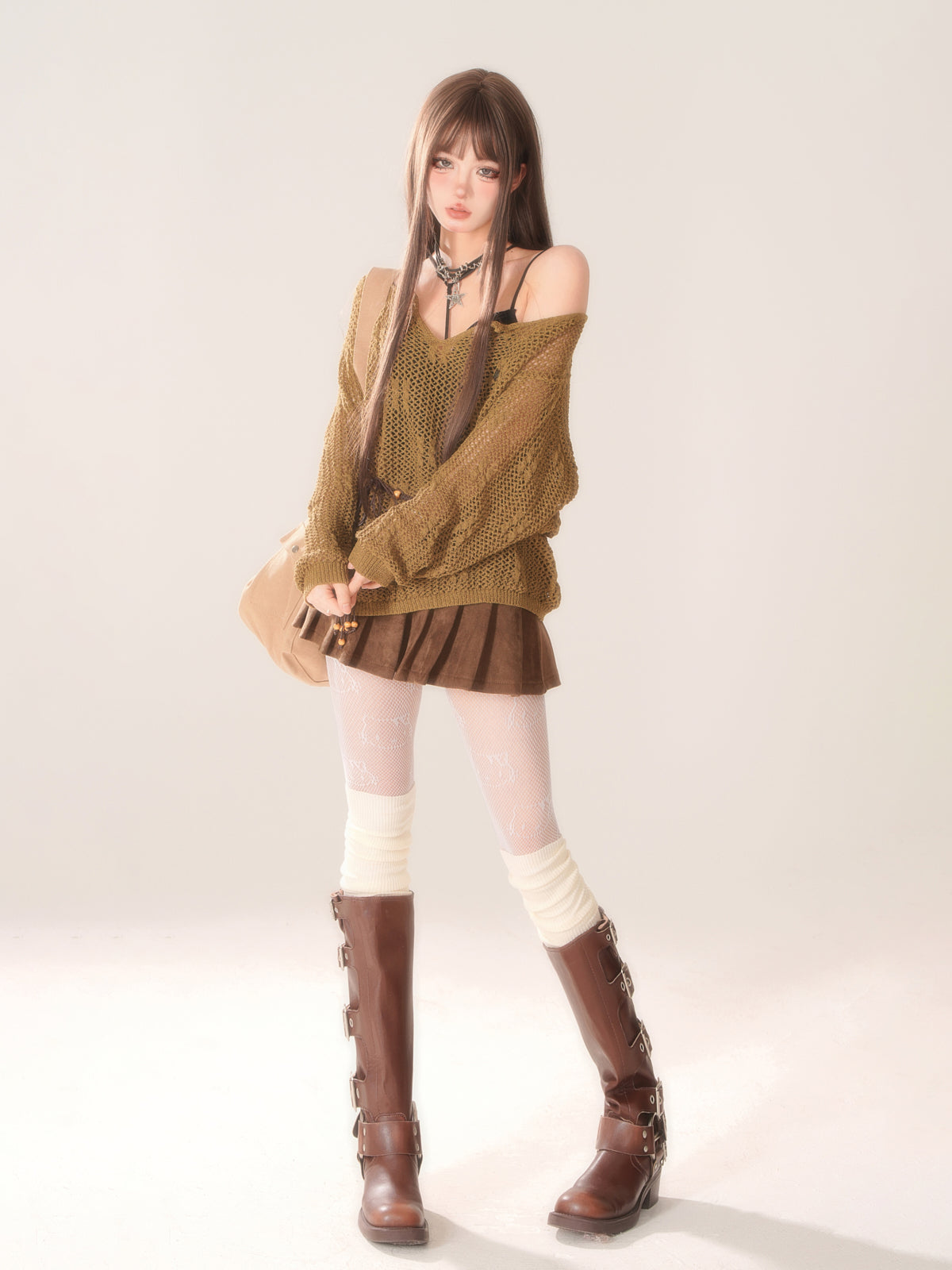 ルースレイジーツーピースセットブラックキャミソール+シアールーズニットトップス【予約商品】