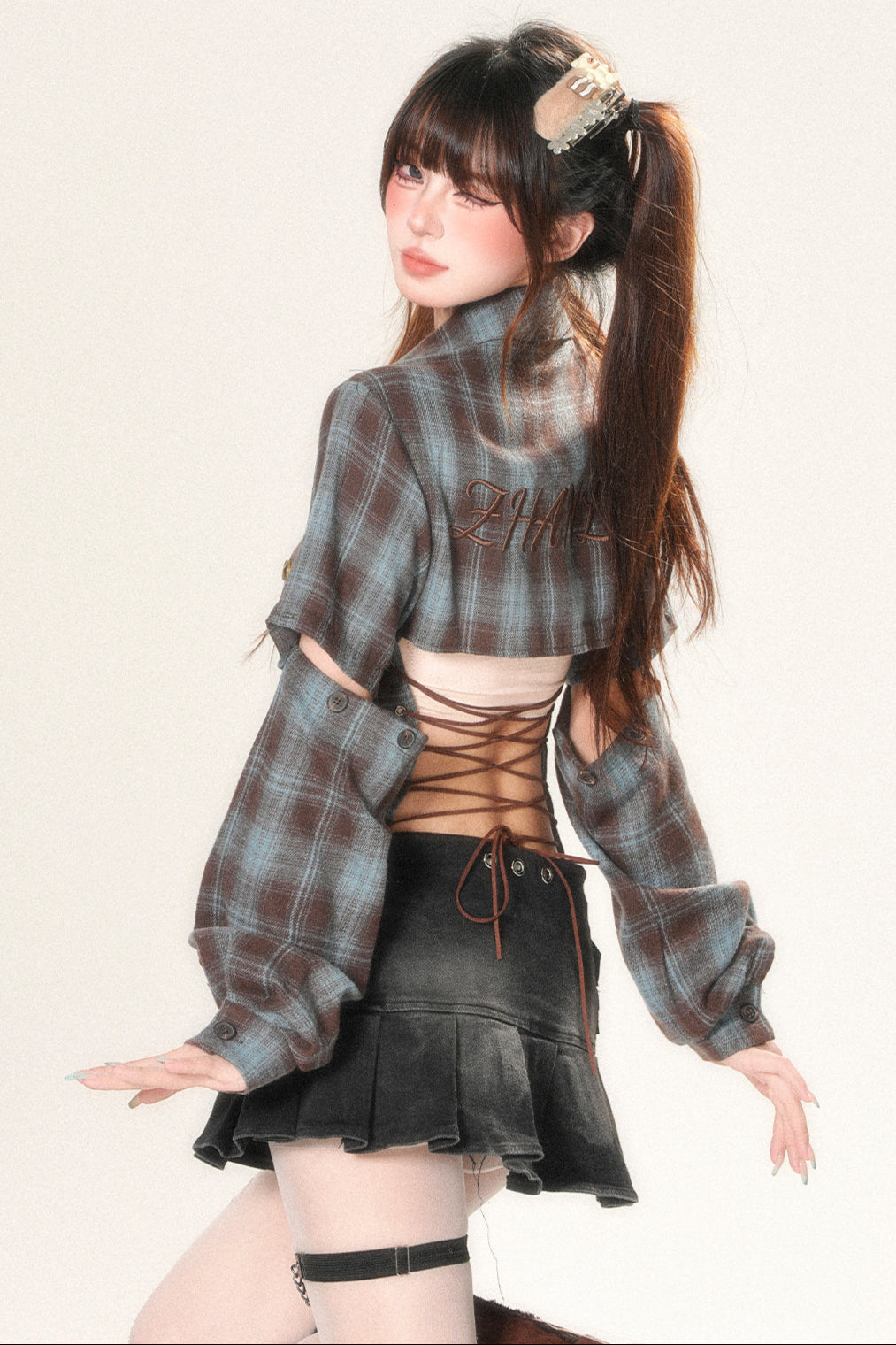 バッグオープンデザインチェックシャツ