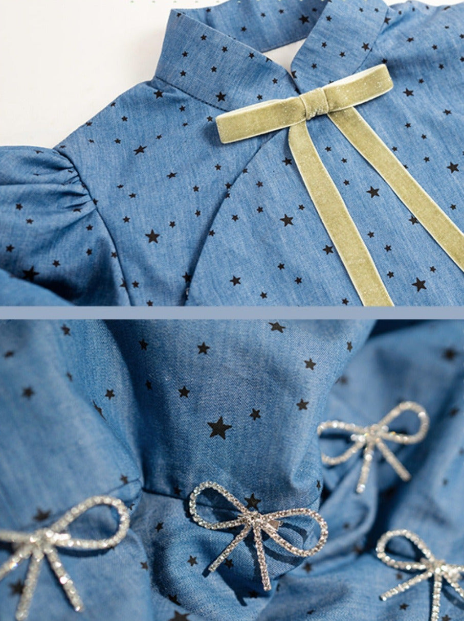 Denim Star Jewel Ribbon Puff Sleeve China Dress