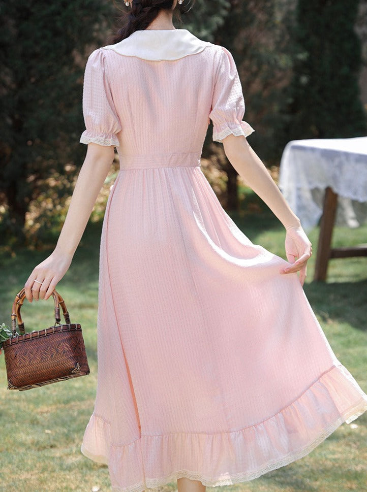 复古少女花朵格纹连衣裙