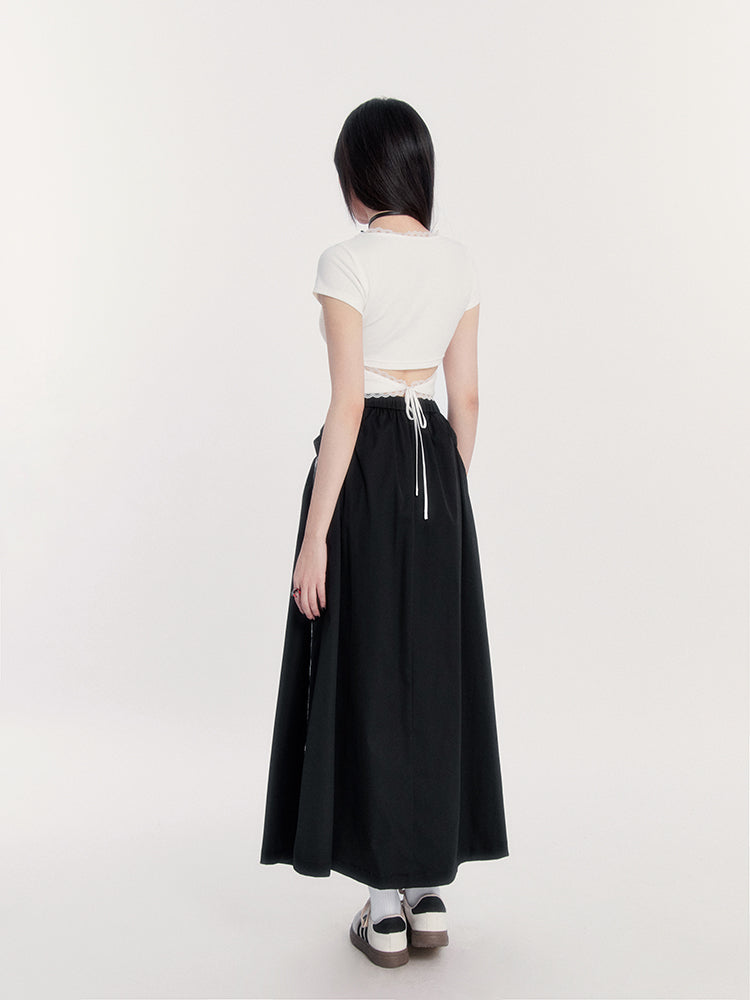 Square Neck Lace Bow Short Top