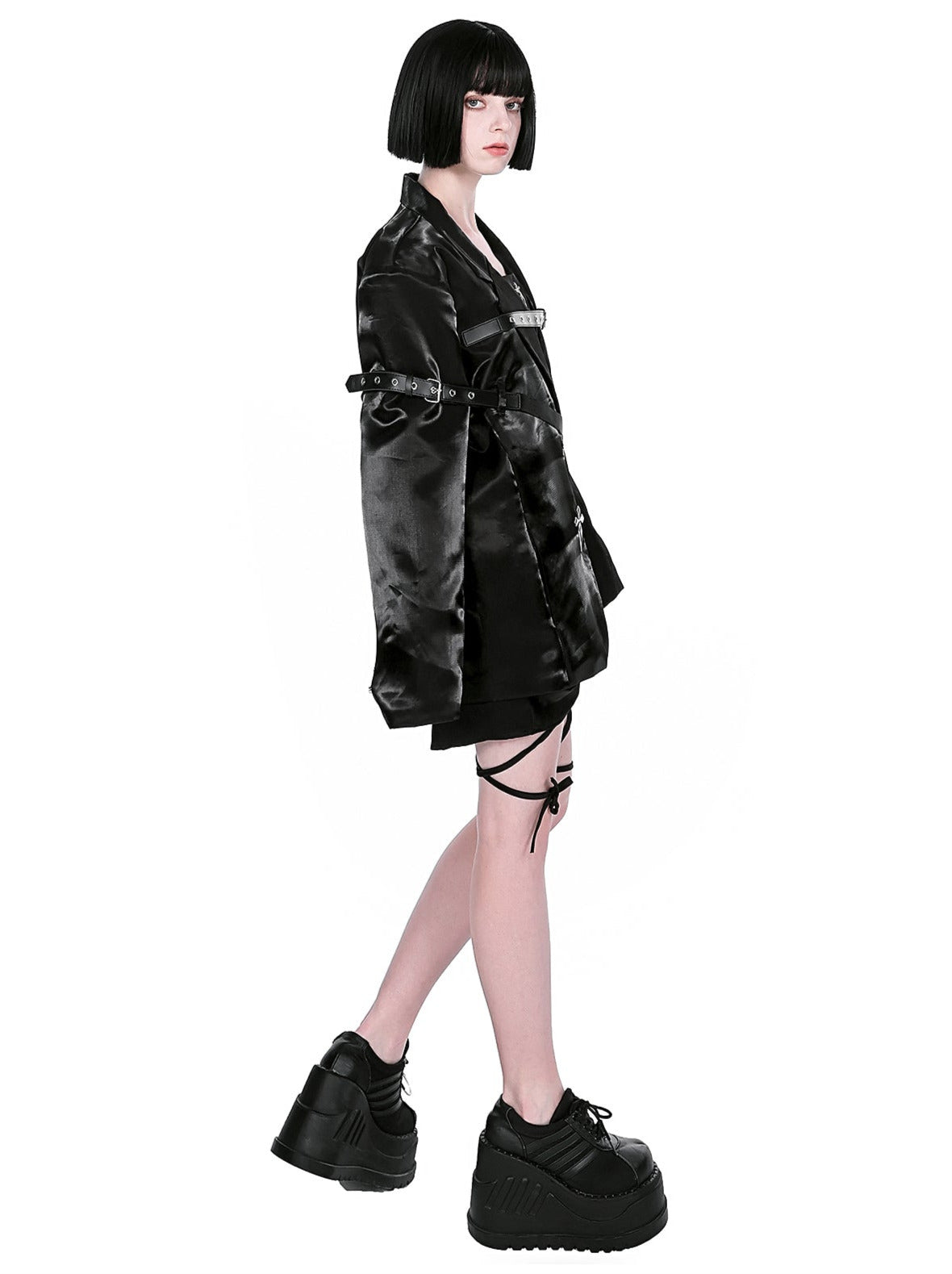 Metallic Black Belt Loose Cloth Suit Jacket