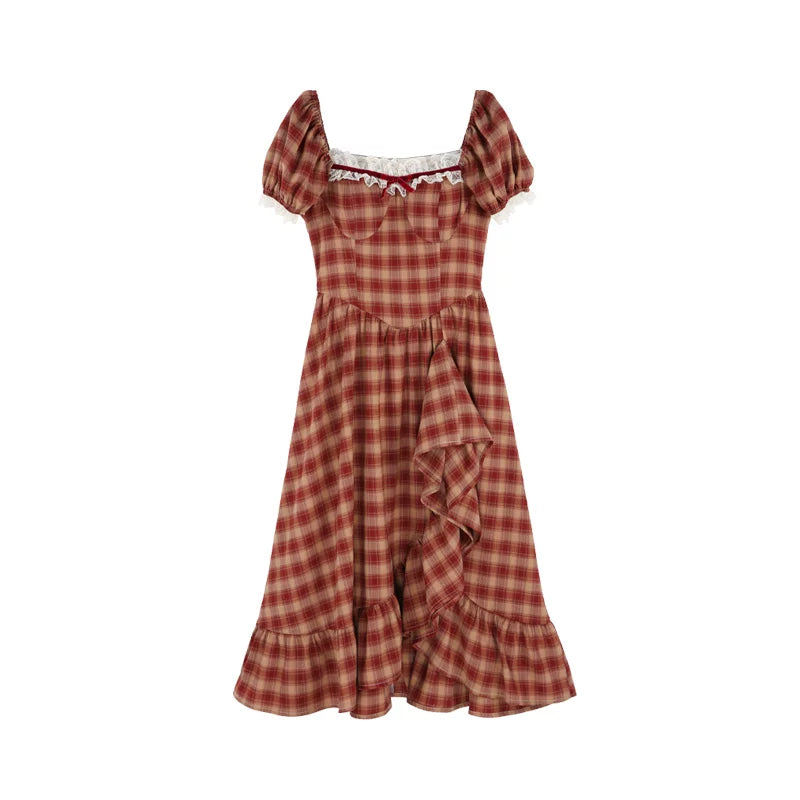 Red Plaid Puff Sleeve Dress