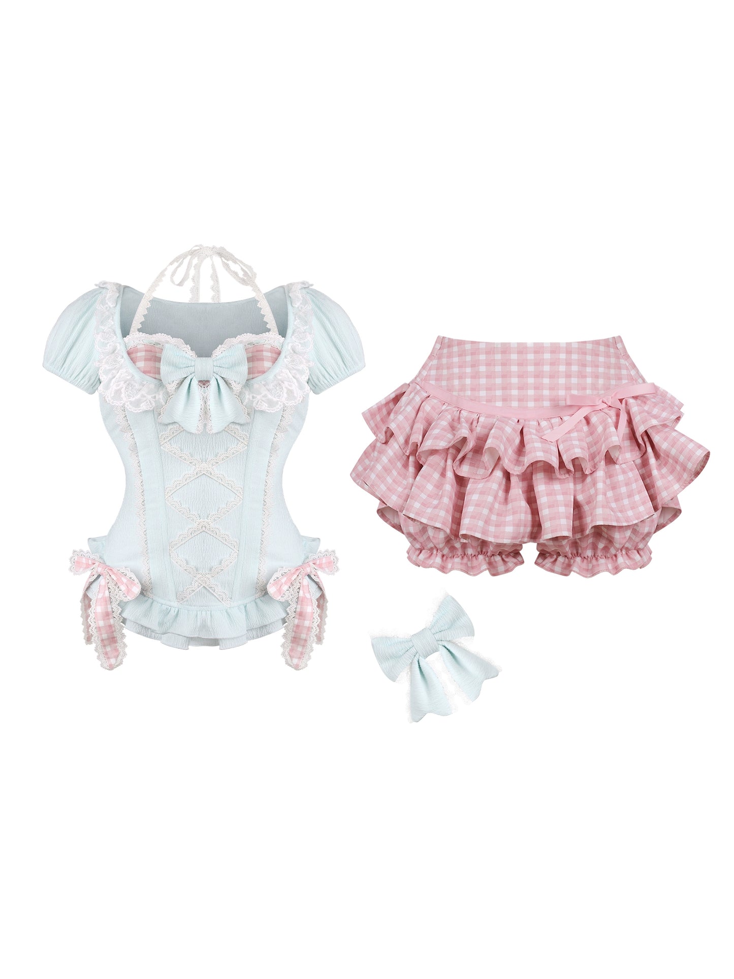 Mint Cone Blue Ribbon + Pink Check Cake Skirt