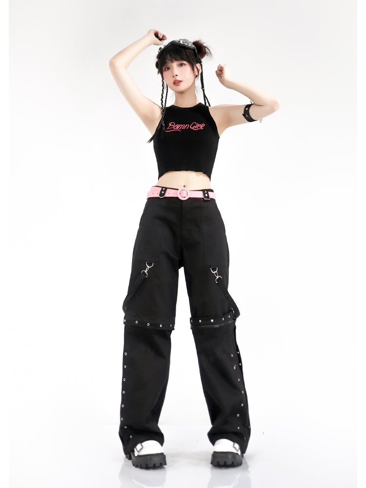 Y2K Cool Black Metal Zip Detachable Suspender Pants
