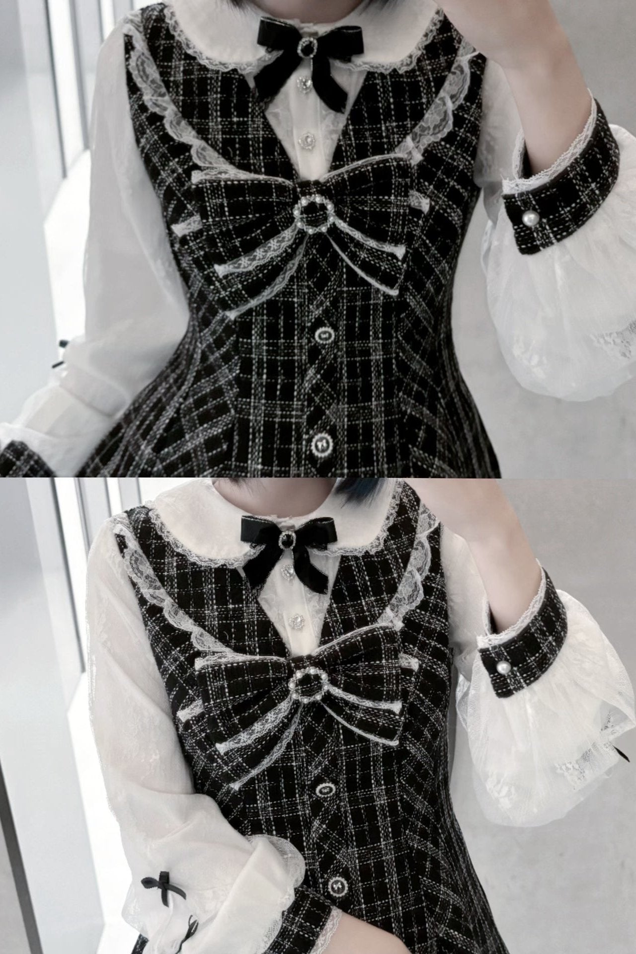 White Black Lace Sweet Sleeve Check Tweed Fragrance Suit