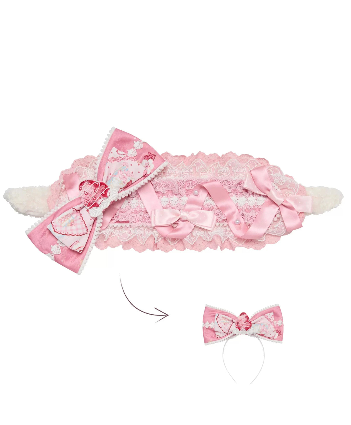 【10月21日予約締切】Pink/Blue Lamb Ear Headband With Detachable Ribbon + Strawberry Embroidered Ribbon KC
