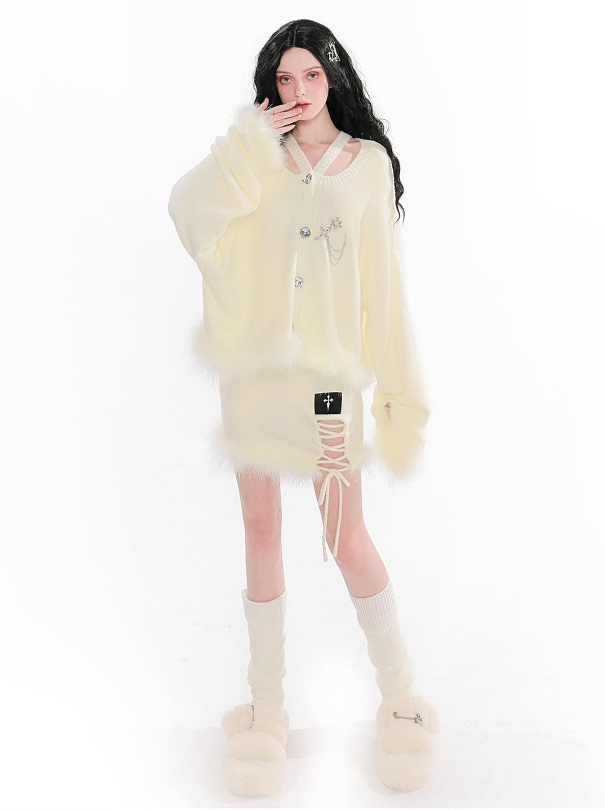 ピュアディザイアダイヤモンドバックルクロスフェザーニットセータージャケット