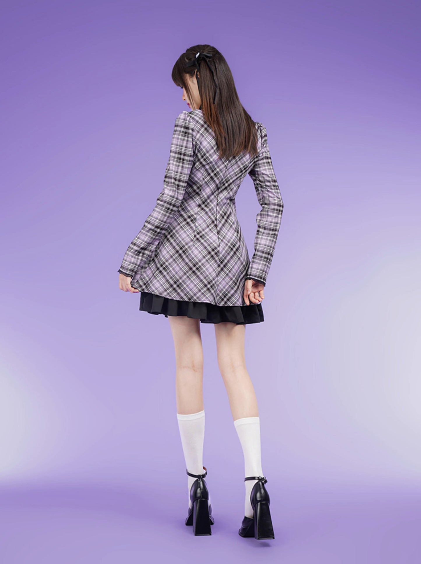 黑紫色格纹泡泡蕾丝连衣裙