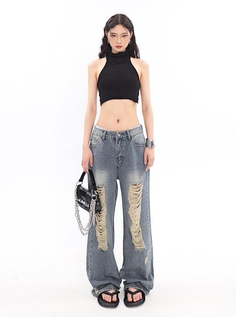 Distressed loose street denim