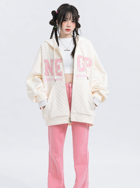 American Waffle Letter Zipper Hooded Hoodie