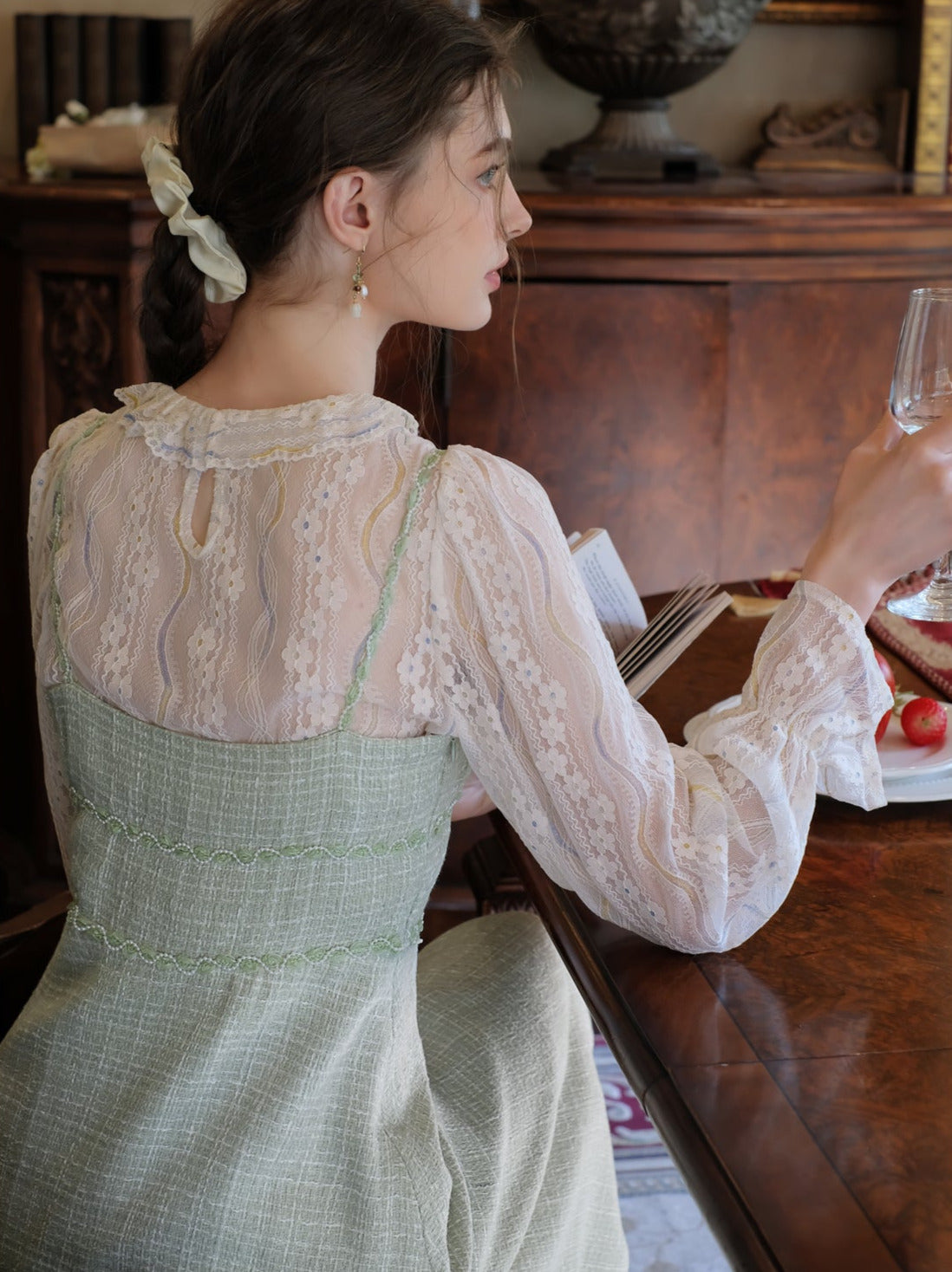 French Lace Shirt + Pearl Suspender Long Skirt
