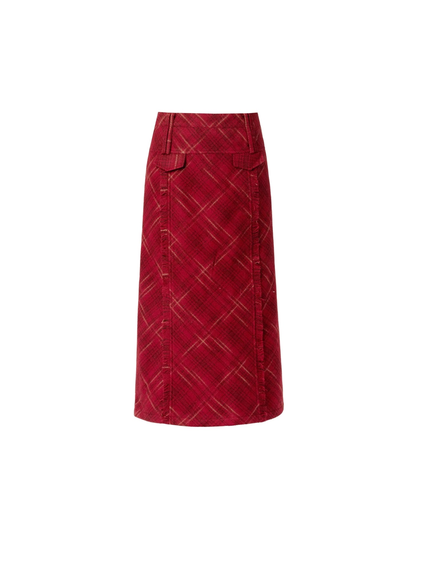 Retro dark red check long skirt + short skirt